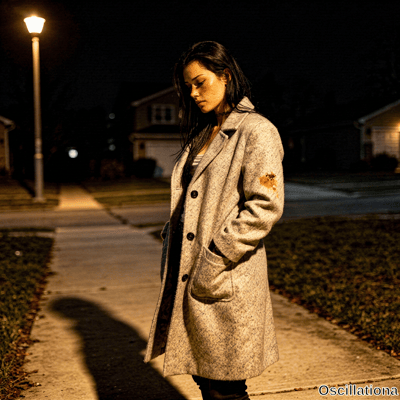 Young woman with dark hair, freckles, neck tattoo stands on night sidewalk in stained bei…