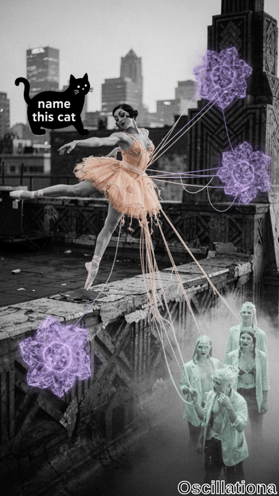 Surreal selectively colorized B&W digital art of ballerina with 1920s bob mid-grand jeté …