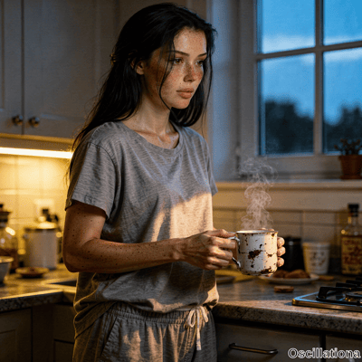 A freckled young woman with tousled black hair holds steaming mug in kitchen at dusk, her…