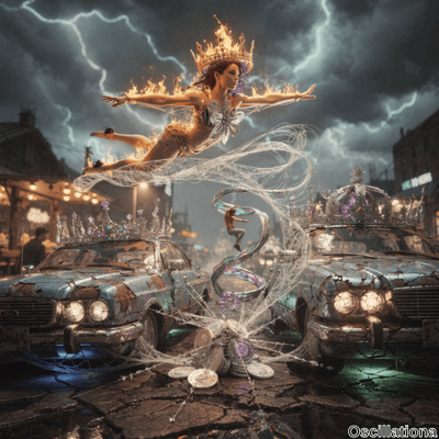 A woman with purple hair and a crown of flames, wearing a sparkling costume, flies or dan…