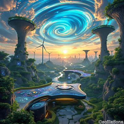 A futuristic landscape with a swirling sky in shades of blue and turquoise, creating a co…