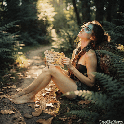 Young woman with long wavy auburn ponytail sits barefoot on forest floor against mossy lo…