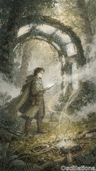 Watercolor fantasy art of androgynous adventurer in green hooded cloak, brown pants, boot…