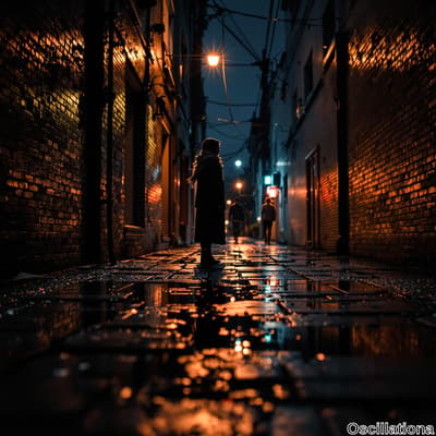 A dimly lit, narrow alleyway at night with wet, reflective cobblestones, flanked by brick…