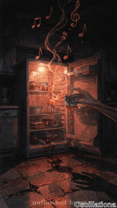 Gritty watercolor of dimly lit rundown kitchen: open fridge glows orange with flames, swi…