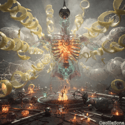 A translucent humanoid figure made of crystalline material with glowing orange and red in…
