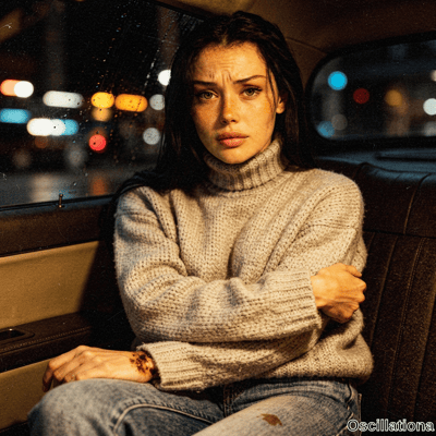 A freckled young woman in a cream turtleneck sits with crossed arms looking distressed in…