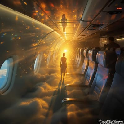A surreal airplane cabin bathed in warm golden light, emanating from a bright source at t…