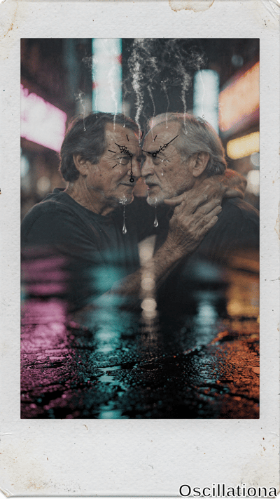 Vintage Polaroid-style photo of two elderly men in tender forehead embrace, gray hair and…