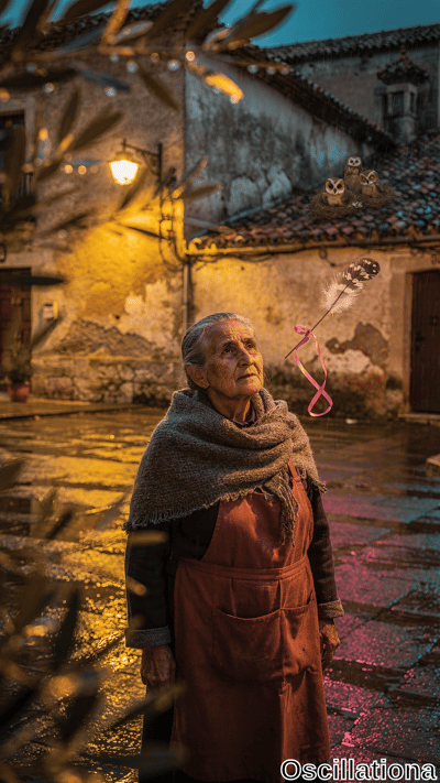 Elderly woman in gray shawl and maroon apron gazes thoughtfully upward in rain-slicked co…