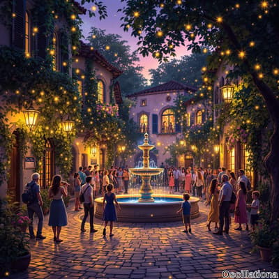 A twilight-lit courtyard with a central fountain featuring cascading water and blue-lit b…