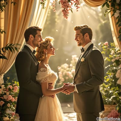 A wedding scene outdoors with three people: two men in dark gray tuxedos with black bow t…
