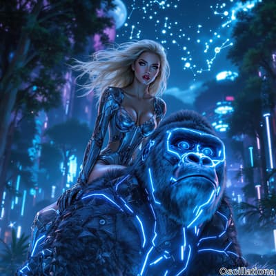 A woman with flowing blonde hair rides a robotic gorilla with glowing blue patterns on it…
