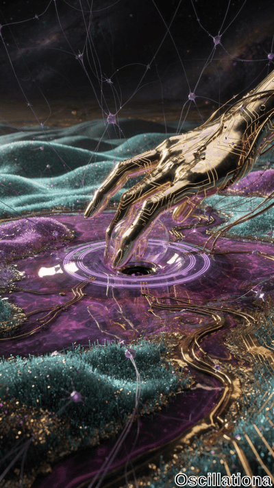 A golden robotic hand with intricate circuitry reaches into a surreal scene, interacting …