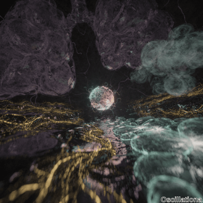 A glowing, spherical object with intricate web-like patterns at the center emits light ag…