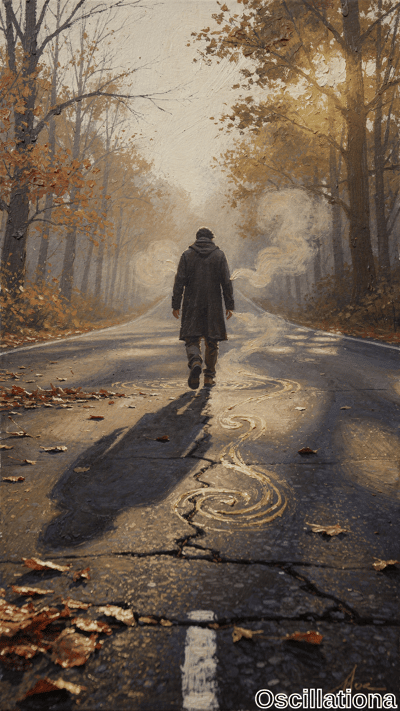 Moody oil painting of solitary hooded man in long dark gray coat walking away down cracke…