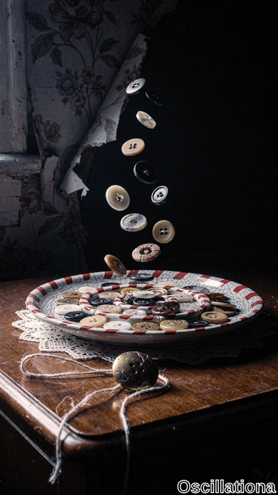 Dimly lit vintage still life on worn wood table: cracked white plate with red-striped rim…