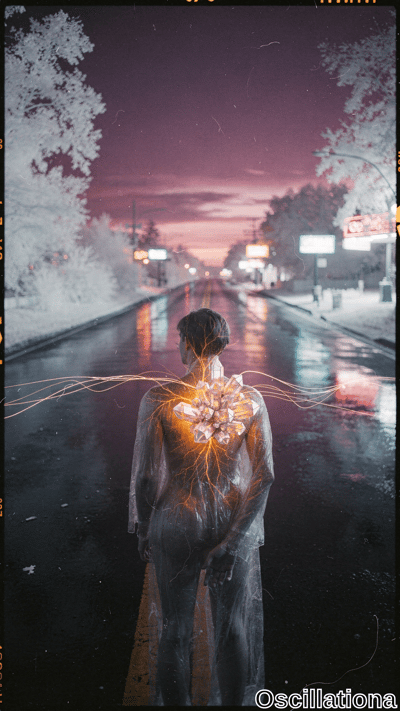 Surreal cyberpunk dusk on wet reflective road with snow-frosted white trees. Back-view se…