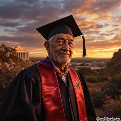 "Person in black graduation cap and gown with red stole and vibrant emblem, standing outd…