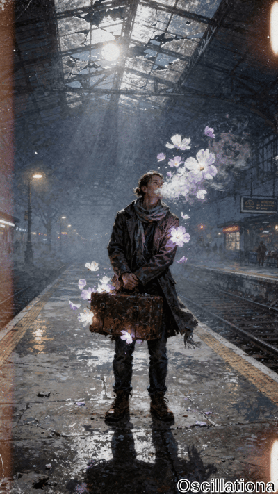 Surreal rainy night at dilapidated train station: tall androgynous figure in black trench…