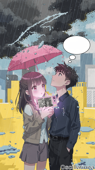 Anime-style teen girl with long brown hair, red eyes, blushing surprise, holds glowing pi…