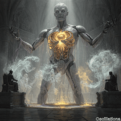 A towering, skeletal robot with a weathered metallic body stands in a commanding pose wit…