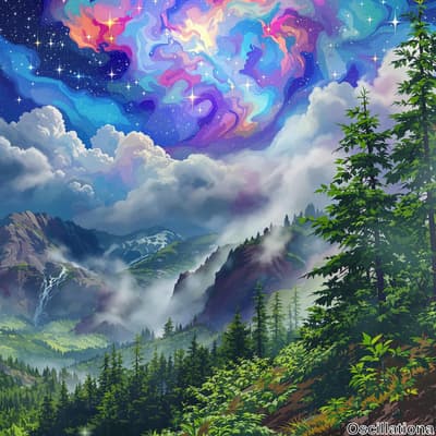 A fantastical landscape with a swirling sky of blues, purples, pinks, and oranges, resemb…