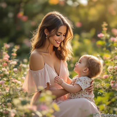 A woman in a delicate off-shoulder pink dress tenderly holds a baby in a sunlit garden, s…