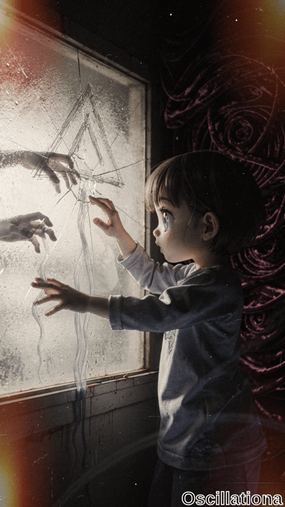 Anime-style horror: pale child with short brown hair, wide glossy blue eyes, in loose gra…