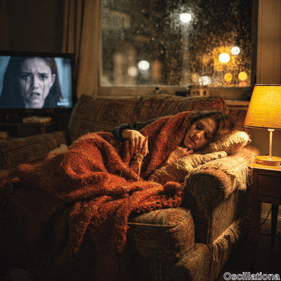 Cozy dimly lit living room at night in heavy rainstorm: young woman with tousled brown ha…