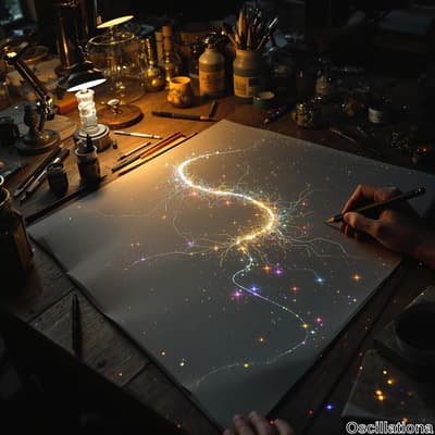 An artist's hand delicately holds a pencil, drawing a glowing, intricate 'S' shaped desig…