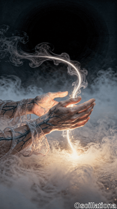 "An older person's hands with wrinkles and visible veins, adorned with blue tattoos spell…