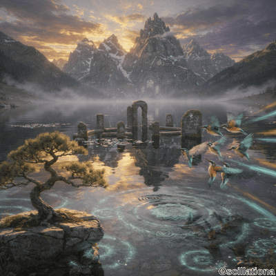 A serene fantastical landscape at dawn or dusk, featuring majestic snow-capped mountains,…