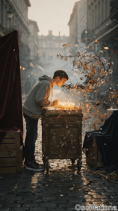 Young man in gray hoodie, jeans, sneakers kneels tending lit yellow candles on ornate gol…