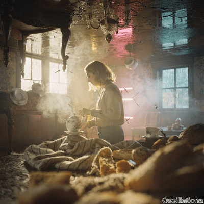 Surreal dreamlike photo of young woman with wavy blonde hair pouring steaming tea from fl…