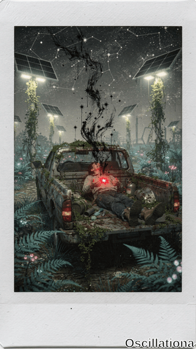 Eerie post-apocalyptic night landscape in worn Polaroid style: cyberpunk ruins overgrown …