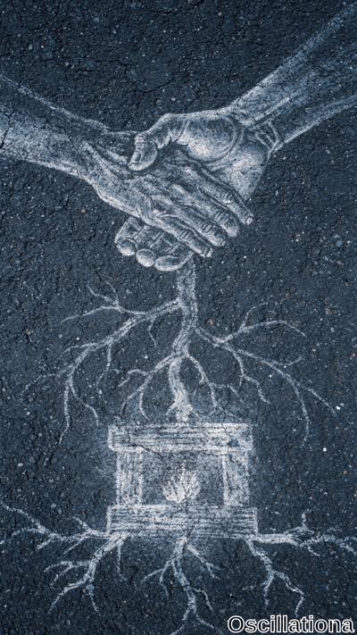 Vivid white chalk street art on dark asphalt: two realistic hands clasped in firm handsha…