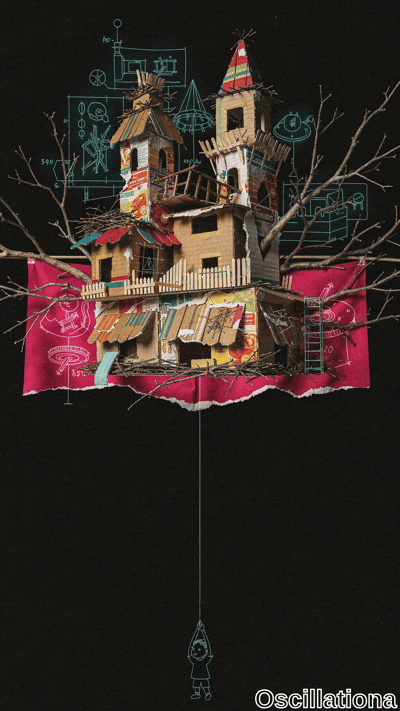Surreal dimly lit artwork depicts a ramshackle cardboard castle suspended mid-air on a th…
