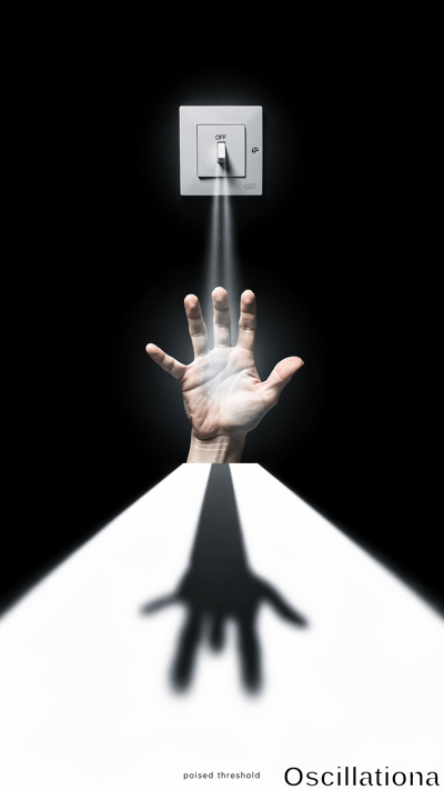 A surreal scene with a dark background features a white light switch labeled "OFF" at the…