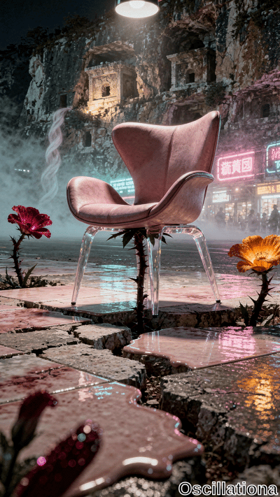 Surreal cyberpunk night: pink egg chair sprouting thorny red camellia and orange flowers …