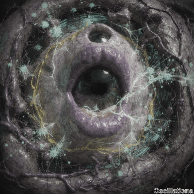 A surreal scene with a large, fleshy, purple eye-like structure at the center, featuring …