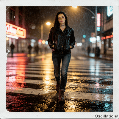 Young woman with dark hair, freckles and black wave tattoo walks in rain on city crosswal…