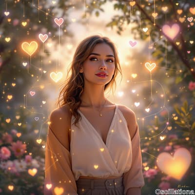 A young woman with long, wavy hair and a subtle smile wears a light cream top with an ele…