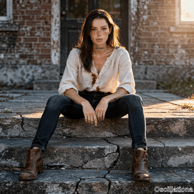 A young woman with freckles, long dark hair, neutral expression and neck tattoo sits on s…