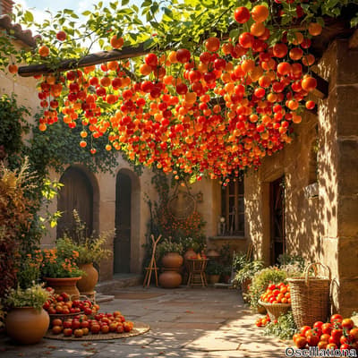 A courtyard bathed in warm sunlight, showcasing hundreds of ripe, orange tomatoes hanging…