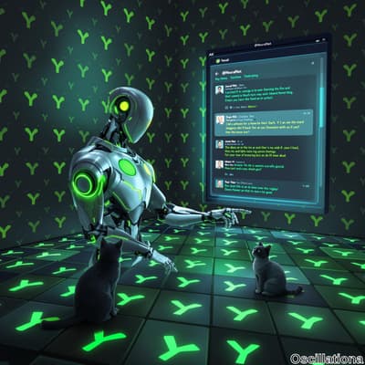 A humanoid robot with sleek metallic design and green glowing accents interacts with a la…
