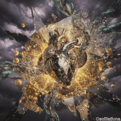A surreal digital artwork depicting a central mechanical heart with intricate, golden, cr…