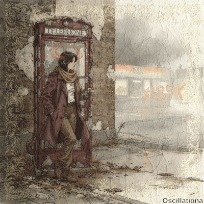 Weathered rusty red British phone booth open on rainy urban street, faded "TELEPHONE" sig…