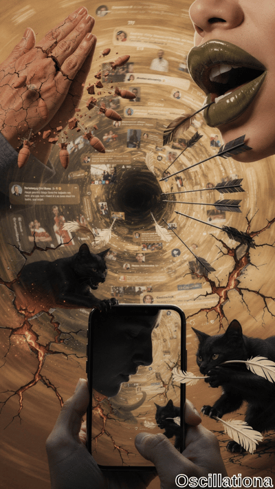 Surreal sepia-orange digital collage: central black vortex swirls social media icons, fea…