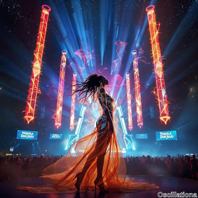 A woman in an ethereal orange gown stands silhouetted against vibrant stage lights at a c…
